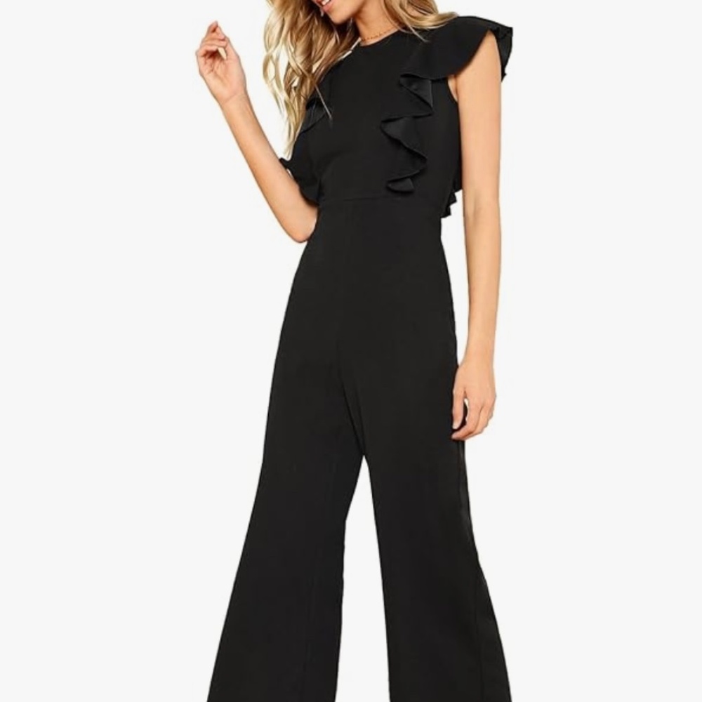 New Women's Jumpsuit Romper Ruffle Cap Sleeves Wide Leg High Waist Black Small